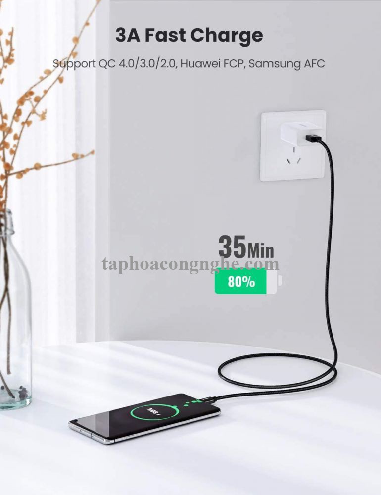 Ugreen 50878 3M màu đen bao có 2 sợi cáp USB TYPE C ra A hỗ trợ sạc nhanh mạ vàng 24K US174 30050878